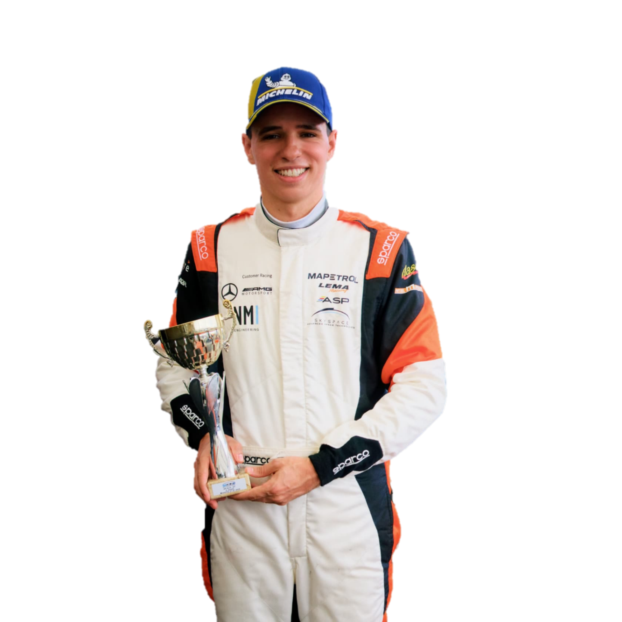 Miguel Gaspar holding a trophy in racing overalls